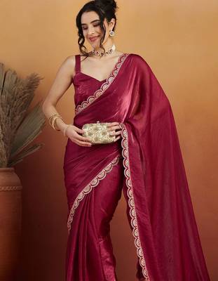 Red plain tissue festive wear saree with blouse piece 3