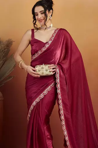 Red plain tissue festive wear saree with blouse piece