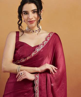 Red plain tissue festive wear saree with blouse piece 4