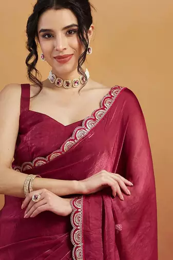 Red plain tissue festive wear saree with blouse piece