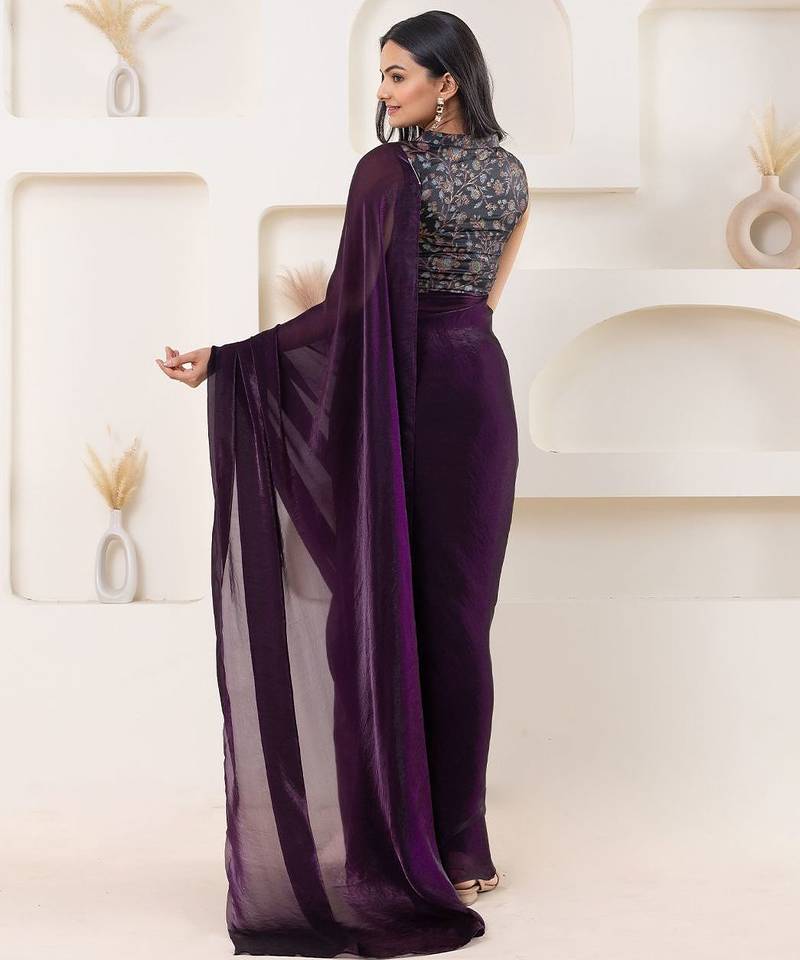 Purple plain tissue festive wear saree with blouse piece