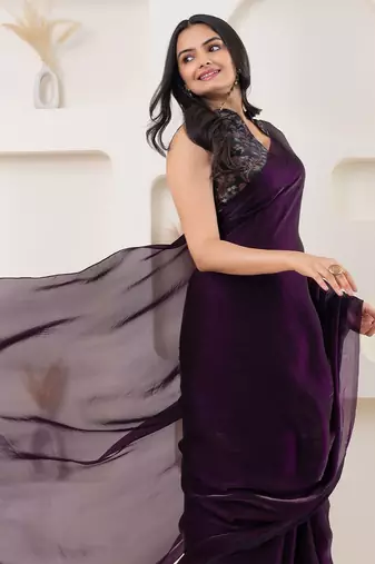 Purple plain tissue festive wear saree with blouse piece