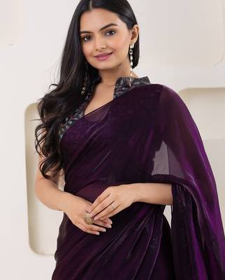 Purple plain tissue festive wear saree with blouse piece 4