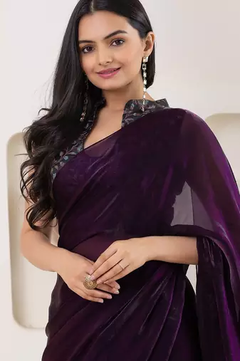 Purple plain tissue festive wear saree with blouse piece