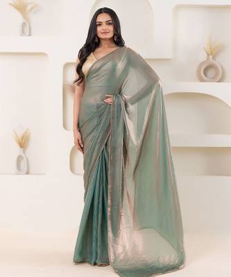 Blue plain tissue festive wear saree with blouse piece 1