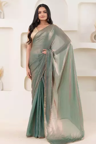 Blue plain tissue festive wear saree with blouse piece