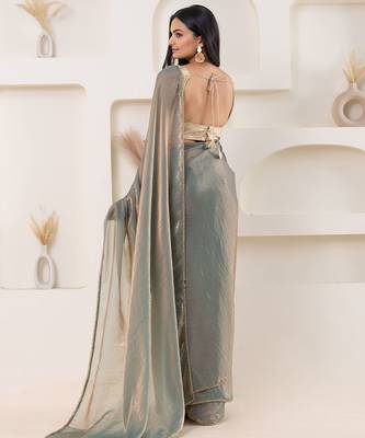 Blue plain tissue festive wear saree with blouse piece 2