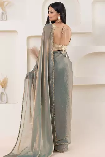 Blue plain tissue festive wear saree with blouse piece