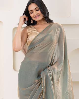 Blue plain tissue festive wear saree with blouse piece 4