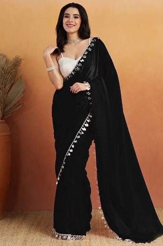 Black plain satin designer saree with blouse piece
