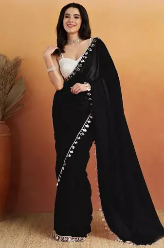 Black plain satin designer saree with blouse piece