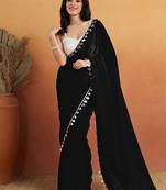 Black plain satin designer saree with blouse piece