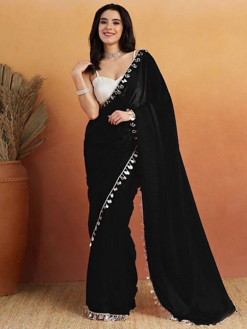 Black plain satin designer saree with blouse piece