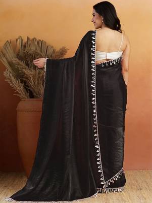 Black plain satin designer saree with blouse piece 2