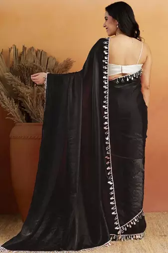 Black plain satin designer saree with blouse piece