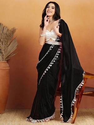 Black plain satin designer saree with blouse piece 3