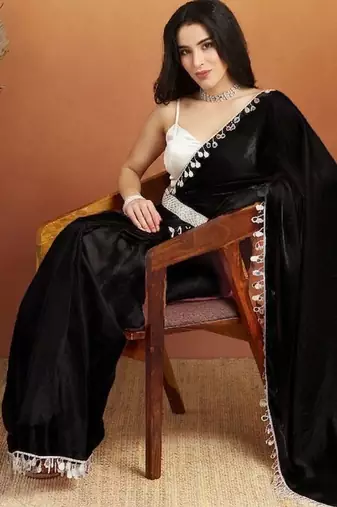 Black plain satin designer saree with blouse piece