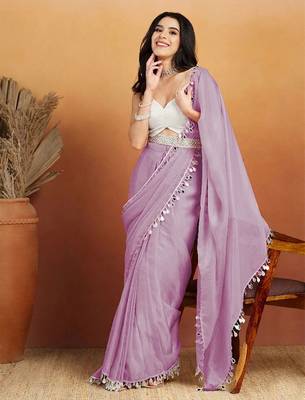 Lavender plain satin designer saree with blouse piece 1