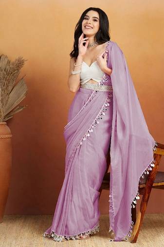 Lavender plain satin designer saree with blouse piece