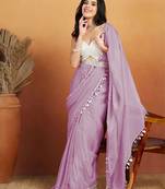 Lavender plain satin designer saree with blouse piece