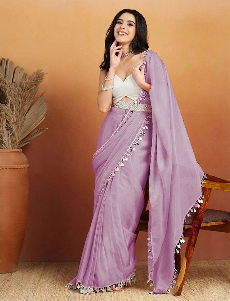 Lavender plain satin designer saree with blouse piece