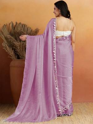 Lavender plain satin designer saree with blouse piece 2