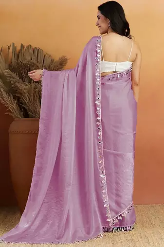 Lavender plain satin designer saree with blouse piece