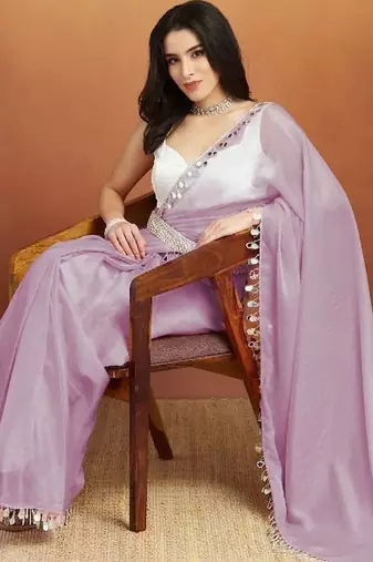 Lavender plain satin designer saree with blouse piece