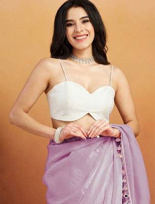 Lavender plain satin designer saree with blouse piece 4