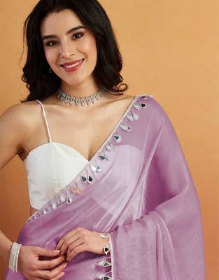 Lavender plain satin designer saree with blouse piece 5
