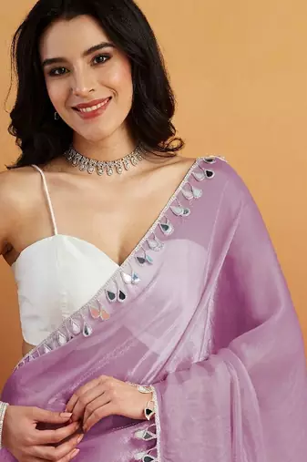 Lavender plain satin designer saree with blouse piece