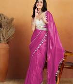 Magenta plain satin designer saree with blouse piece
