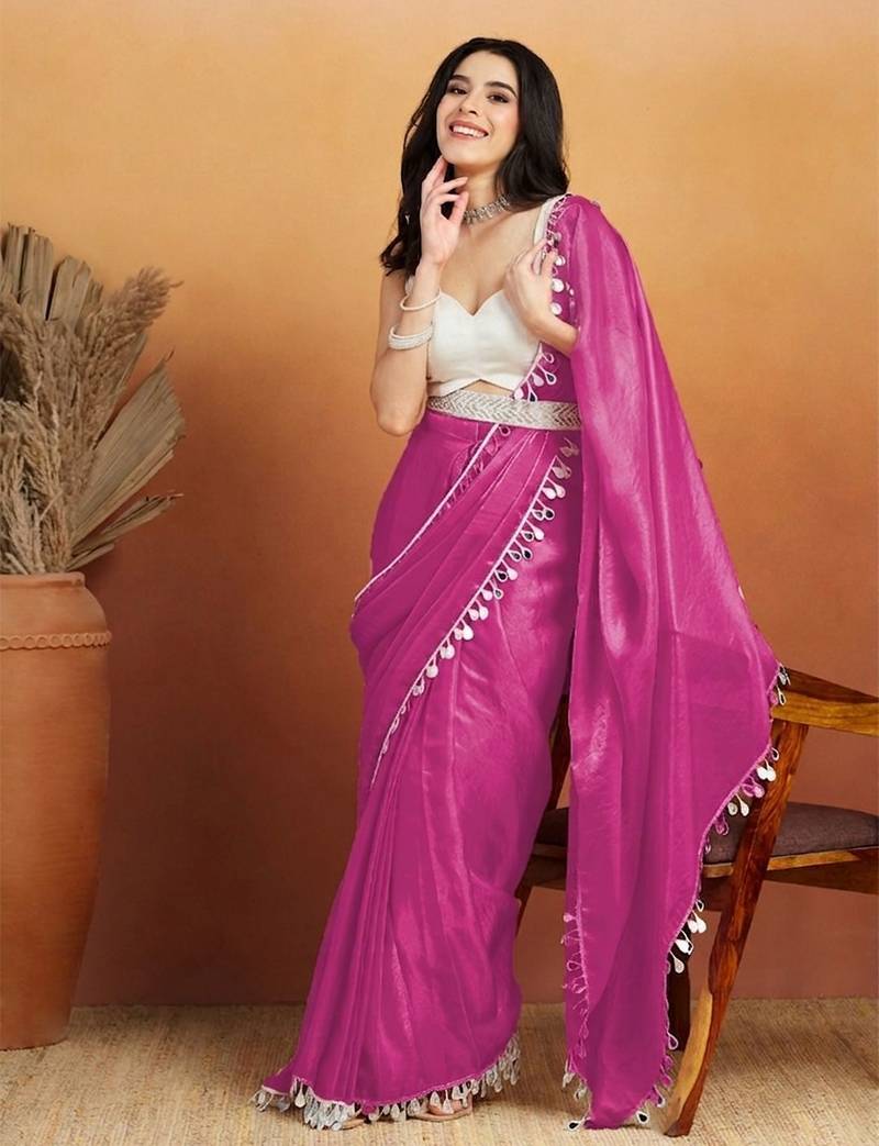 Magenta plain satin designer saree with blouse piece