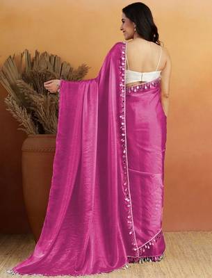 Magenta plain satin designer saree with blouse piece 2