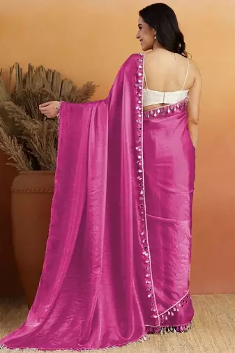 Magenta plain satin designer saree with blouse piece