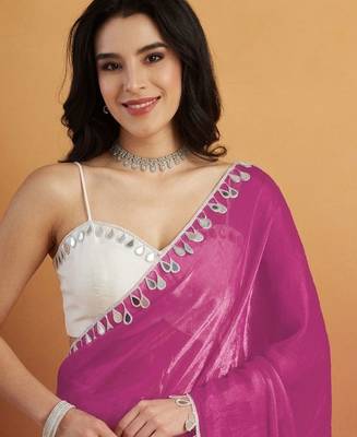 Magenta plain satin designer saree with blouse piece 4