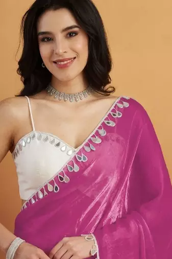 Magenta plain satin designer saree with blouse piece