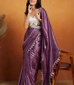 Purple plain satin designer saree with blouse piece