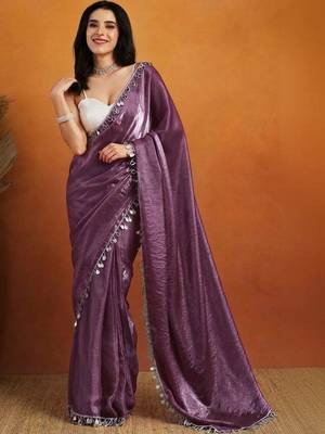 Purple plain satin designer saree with blouse piece 2