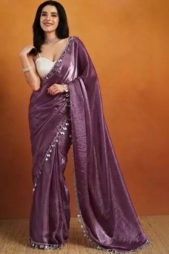 Purple plain satin designer saree with blouse piece