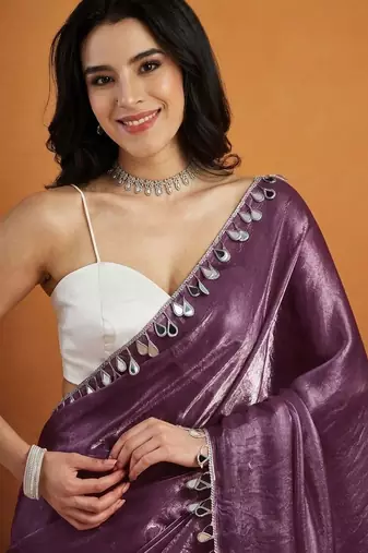 Purple plain satin designer saree with blouse piece