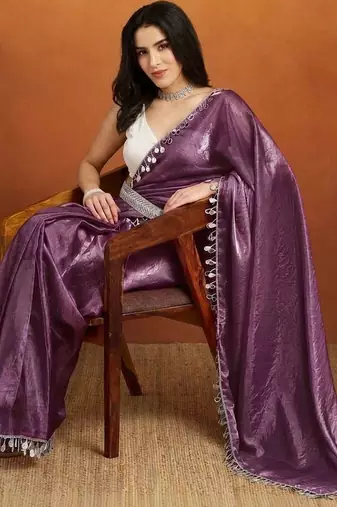 Purple plain satin designer saree with blouse piece