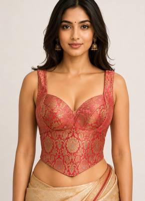 Peach jacquard brocade silk designer readymade saree blouse for women wedding party wear 2