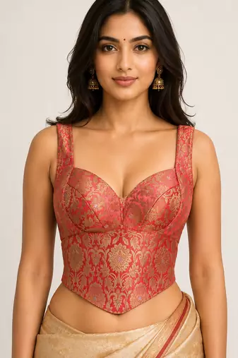 Peach jacquard brocade silk designer readymade saree blouse for women wedding party wear