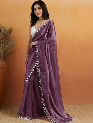 Purple plain satin designer saree with blouse piece 5