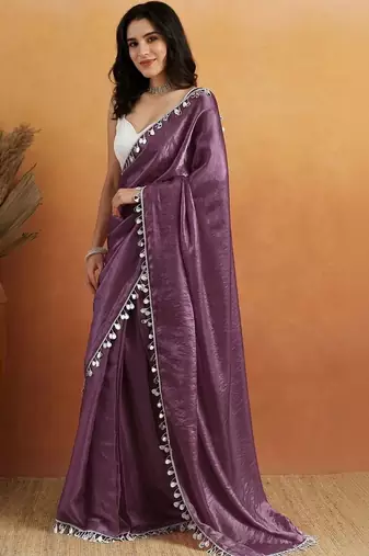 Purple plain satin designer saree with blouse piece