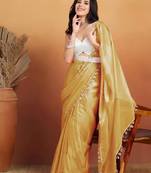 Yellow plain satin designer saree with blouse piece