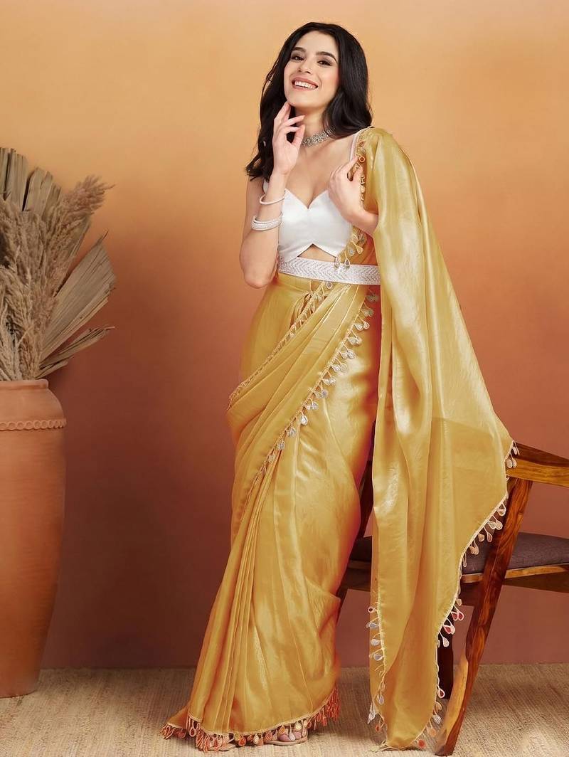 Yellow plain satin designer saree with blouse piece