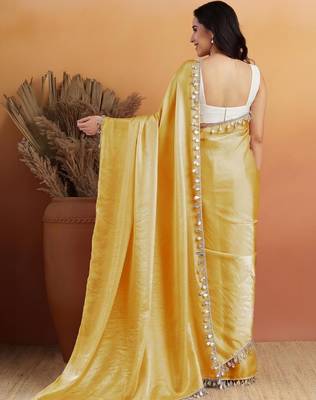 Yellow plain satin designer saree with blouse piece 2
