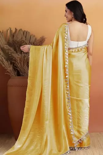 Yellow plain satin designer saree with blouse piece
